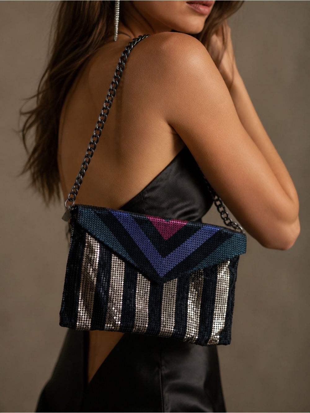 Whiting and Davis Chainmail Mesh Art Deco-inspired Chevron Metallic Evening Bag